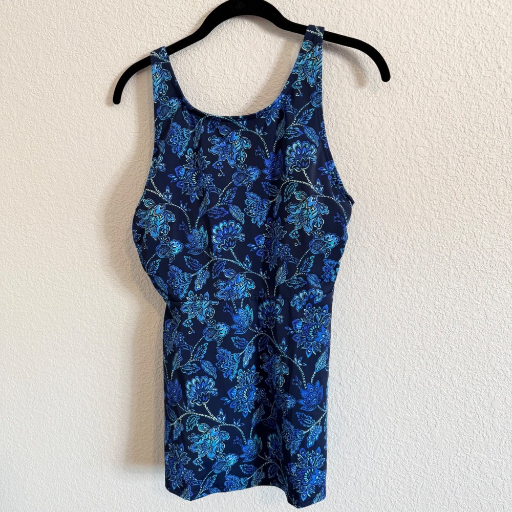 Lands End Blue Floral Paisley Tankini Top High Neck Adjustable Straps Womens M